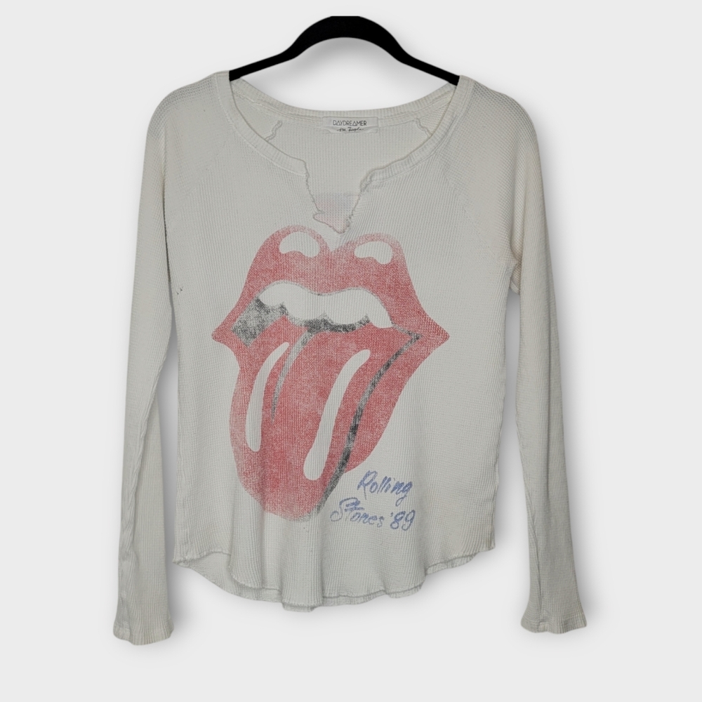 Free People White Long Sleeve Tee with Pink Graphic